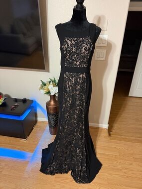 JS Collections Black and Nude Lace Evening Gown